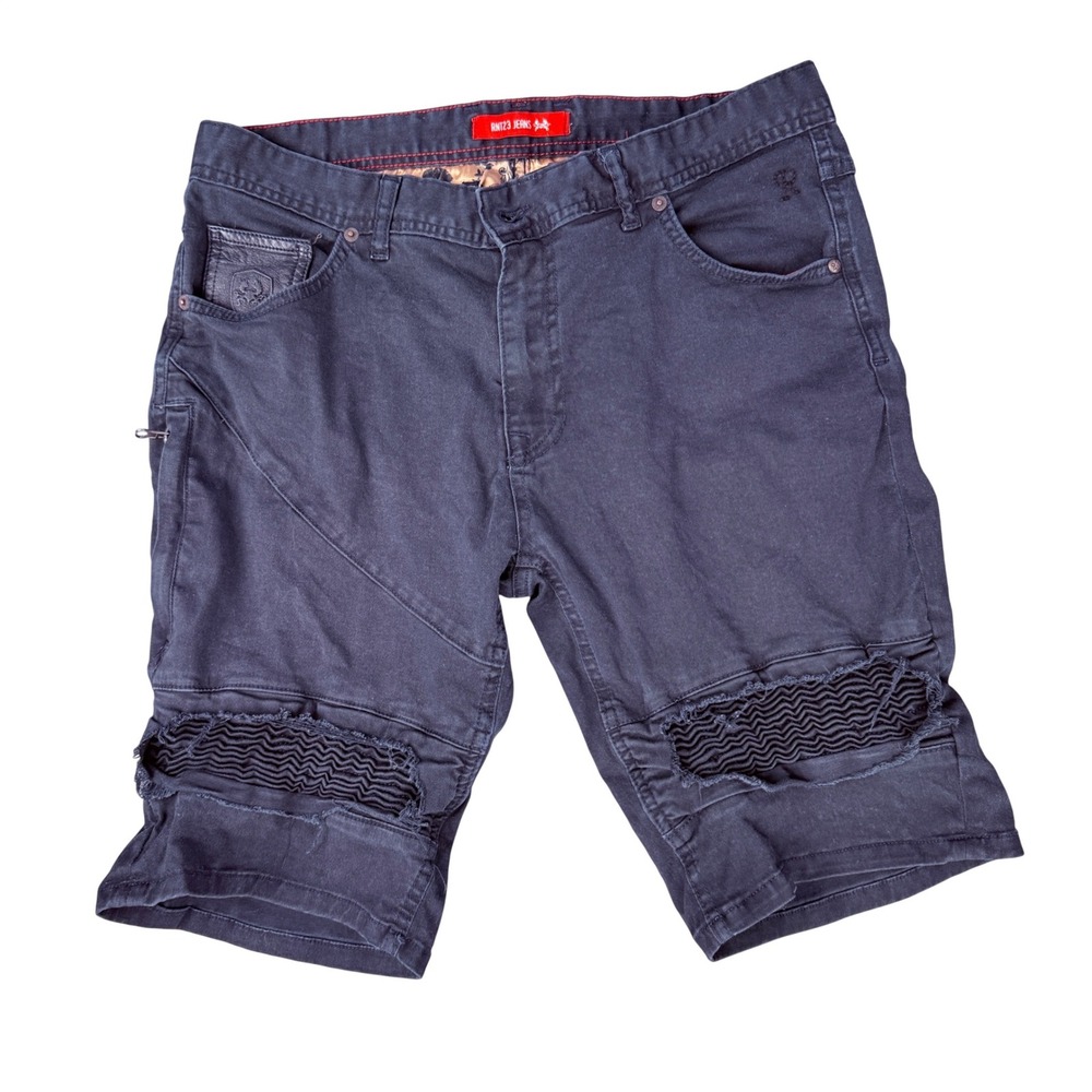 RNT23 Jeans Moto Shorts Mens Size M 34 Faded Dark Blue Distressed Streetwear